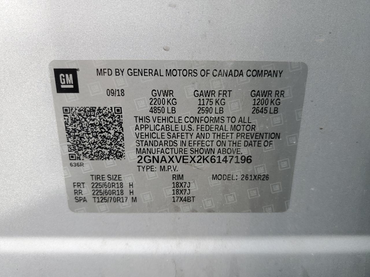 2019 Chevrolet Equinox Lt VIN: 2GNAXVEX2K6147196 Lot: 83772555