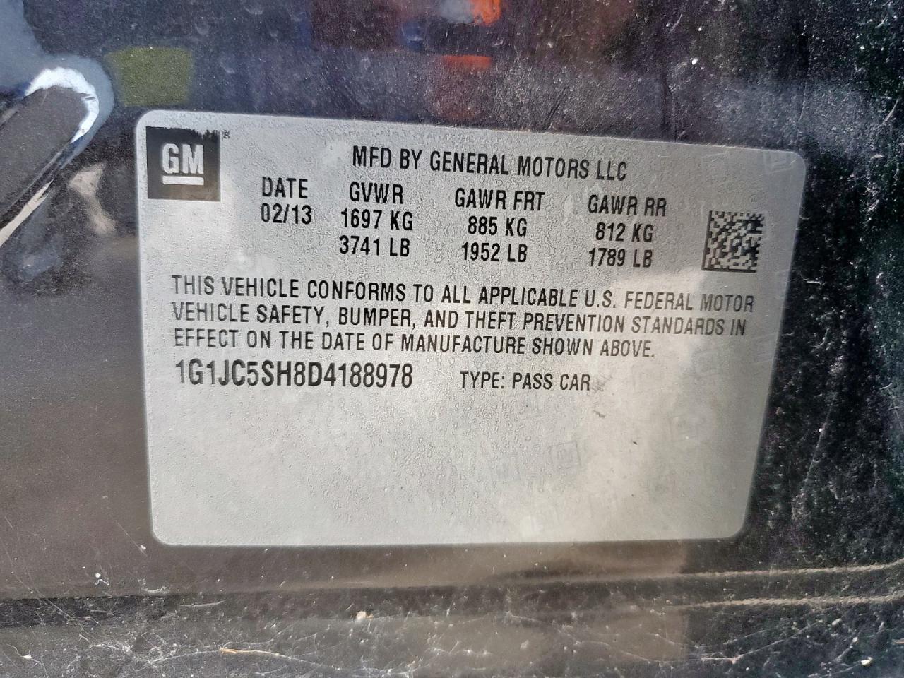 2013 Chevrolet Sonic Lt VIN: 1G1JC5SH8D4188978 Lot: 71029625