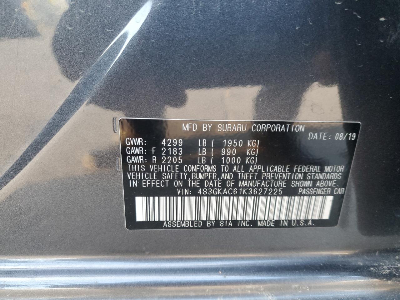 2019 Subaru Impreza Premium VIN: 4S3GKAC61K3627225 Lot: 84578515