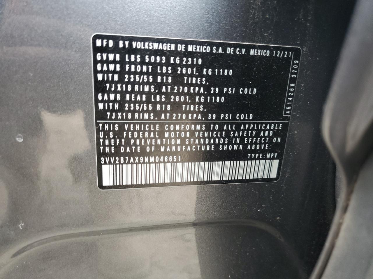 2022 Volkswagen Tiguan Se VIN: 3VV2B7AX9NM046651 Lot: 70813255