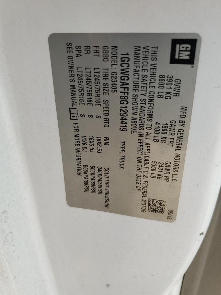 2016 Chevrolet Express G2500 VIN: 1GCWGAFF8G1294419 Lot: 84244905