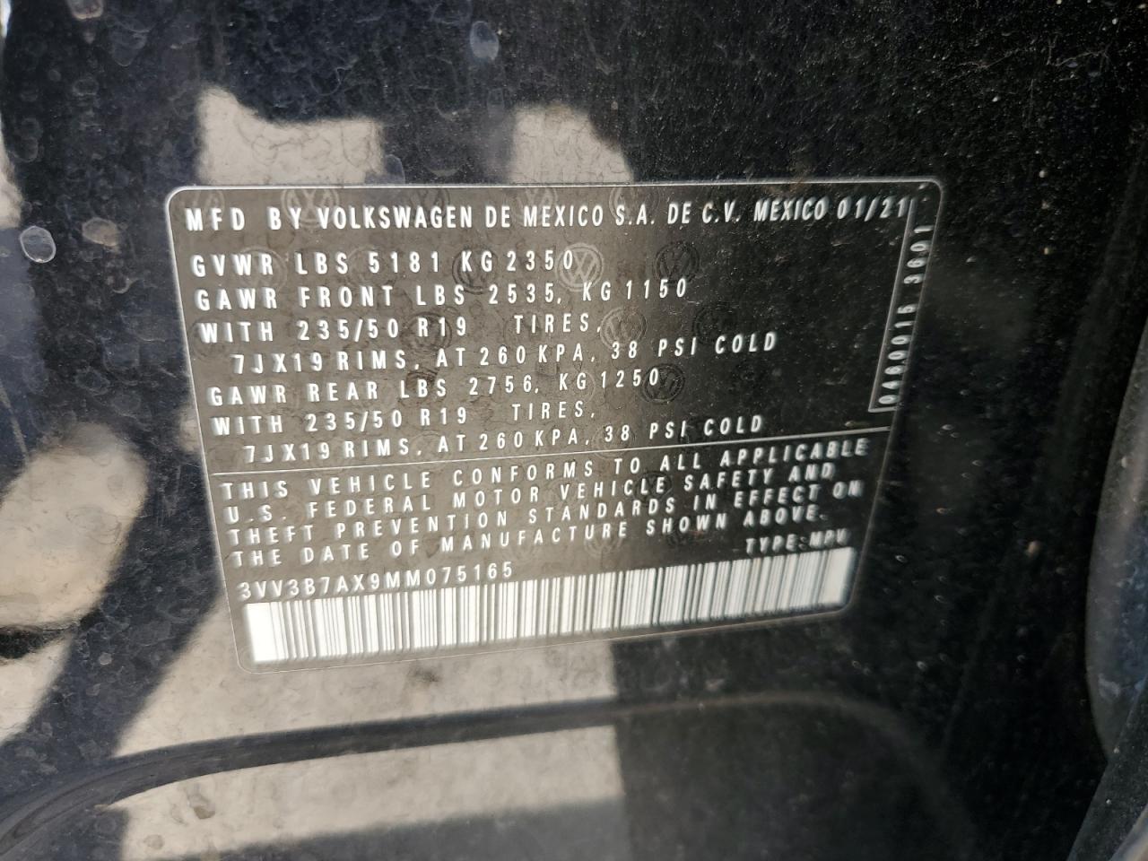 2021 Volkswagen Tiguan Se VIN: 3VV3B7AX9MM075165 Lot: 82145005