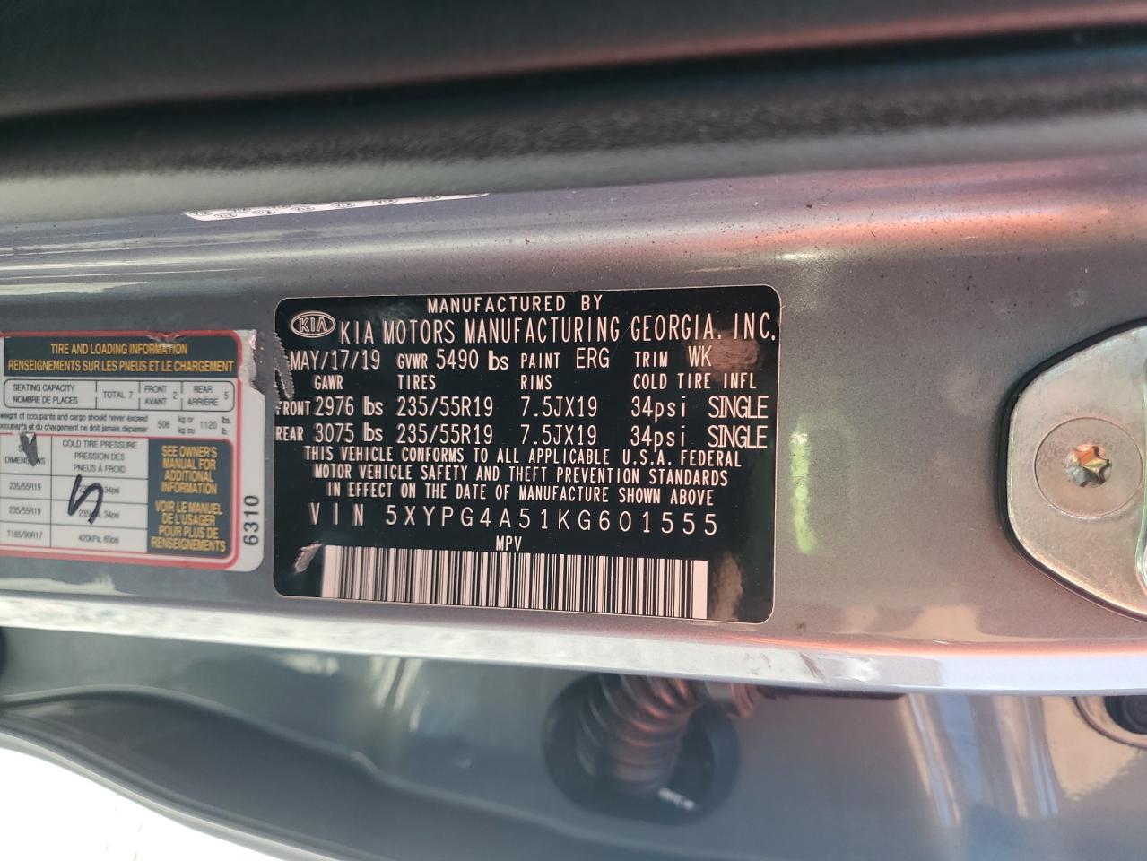 2019 Kia Sorento Lx VIN: 5XYPG4A51KG601555 Lot: 80921315