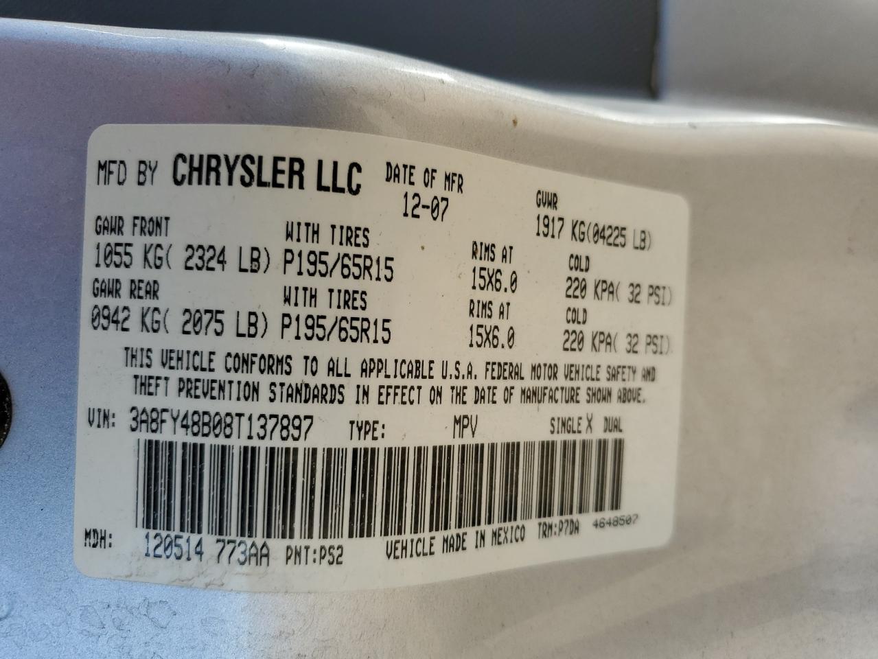 2008 Chrysler Pt Cruiser VIN: 3A8FY48B08T137897 Lot: 84798295