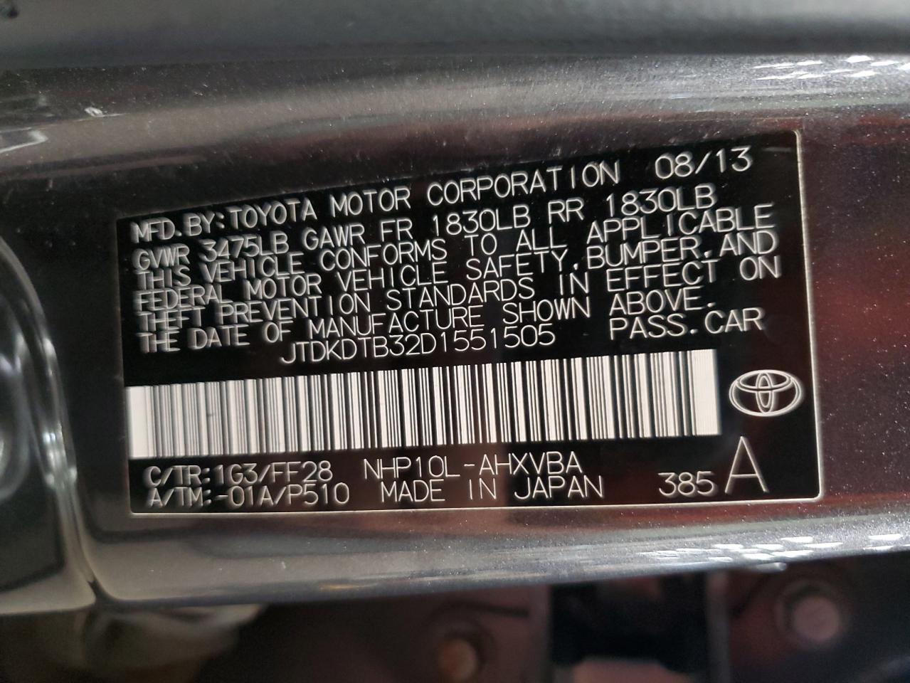 2013 Toyota Prius C VIN: JTDKDTB32D1551505 Lot: 80078135