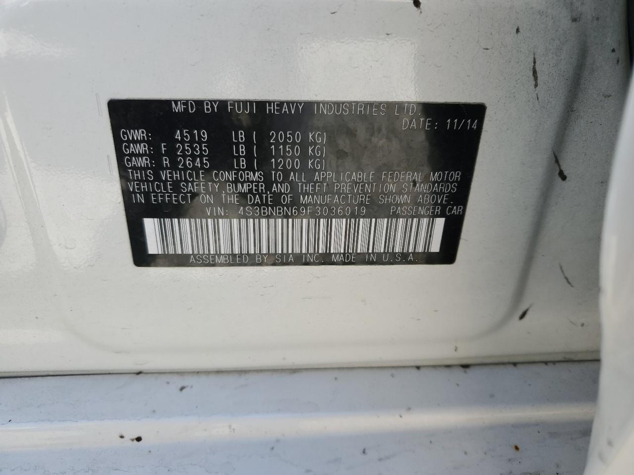 2015 Subaru Legacy 2.5I Limited VIN: 4S3BNBN69F3036019 Lot: 81090745