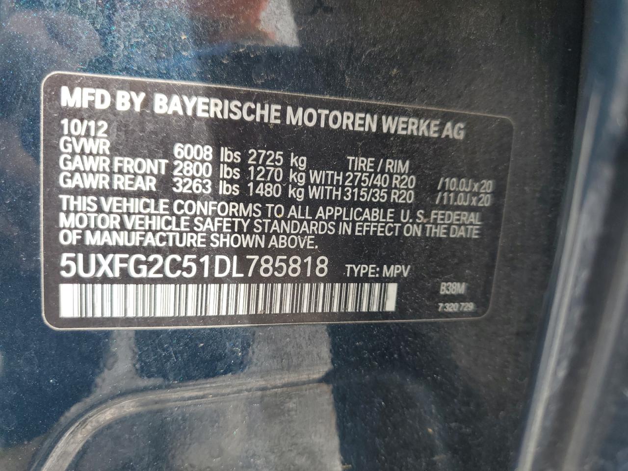 2013 BMW X6 xDrive35I VIN: 5UXFG2C51DL785818 Lot: 81417375