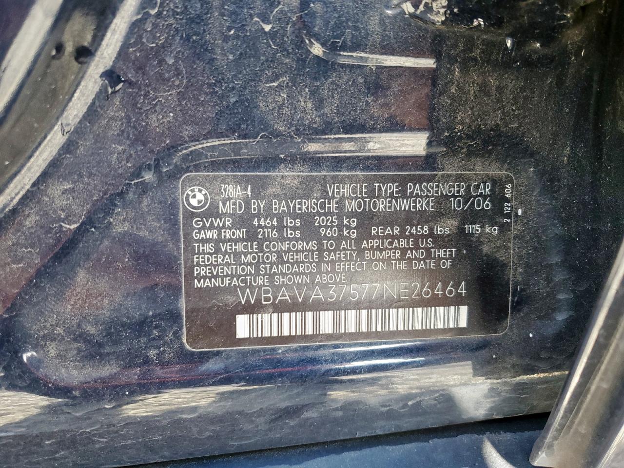 2007 BMW 328 I VIN: WBAVA37577NE26464 Lot: 81517315