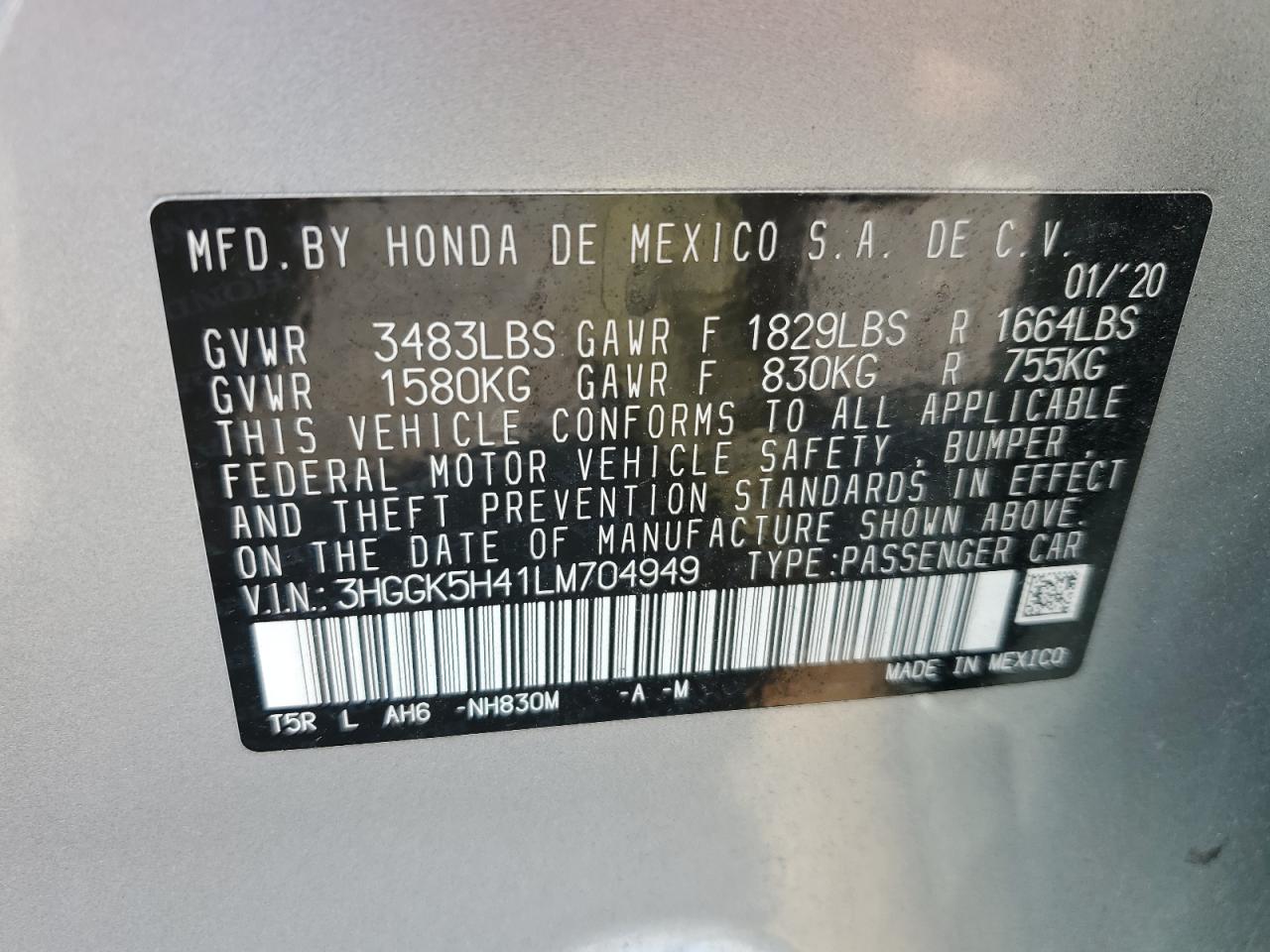 2020 Honda Fit Lx VIN: 3HGGK5H41LM704949 Lot: 80338675