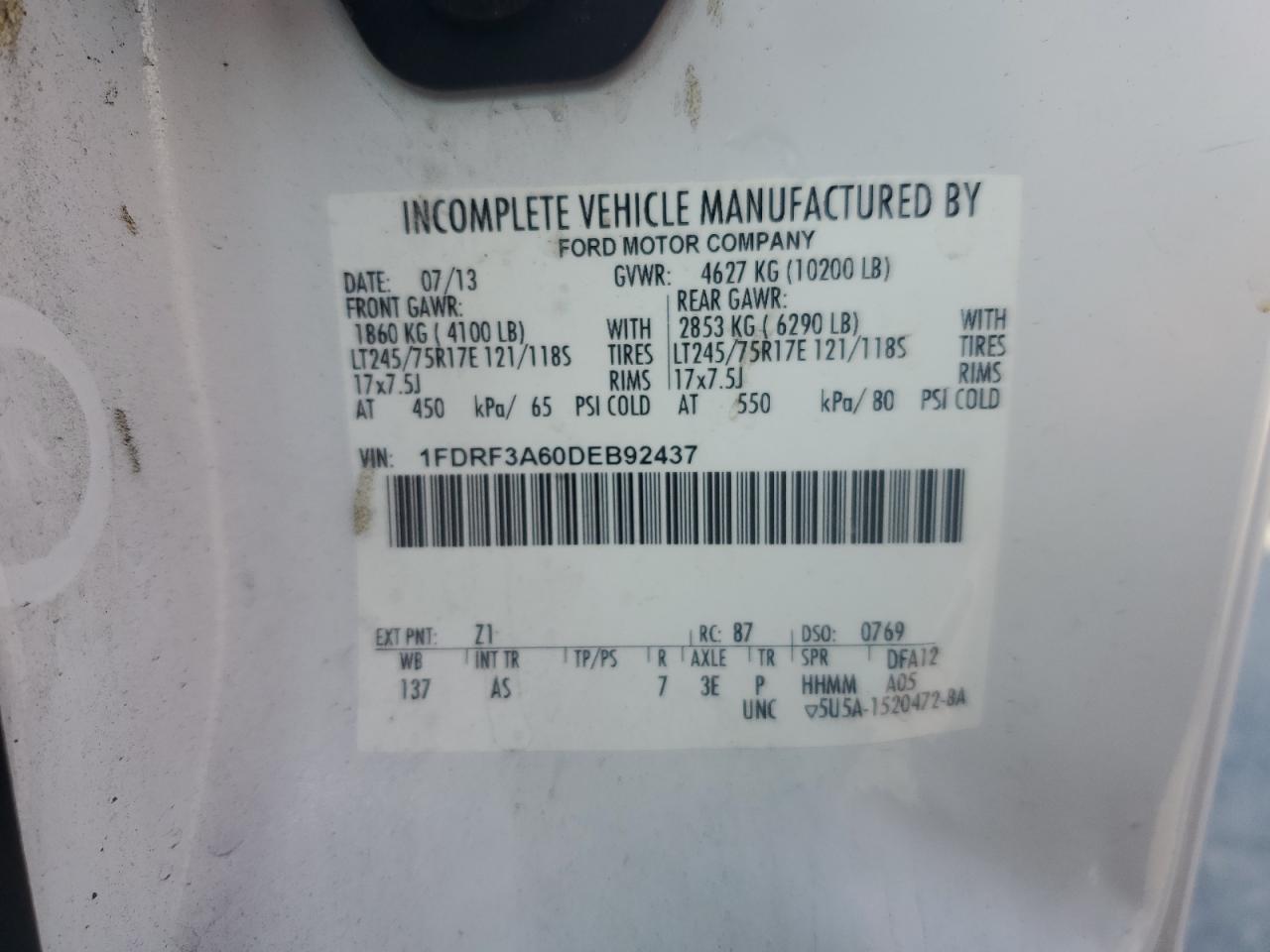 2013 Ford F350 Super Duty VIN: 1FDRF3A60DEB92437 Lot: 83864985