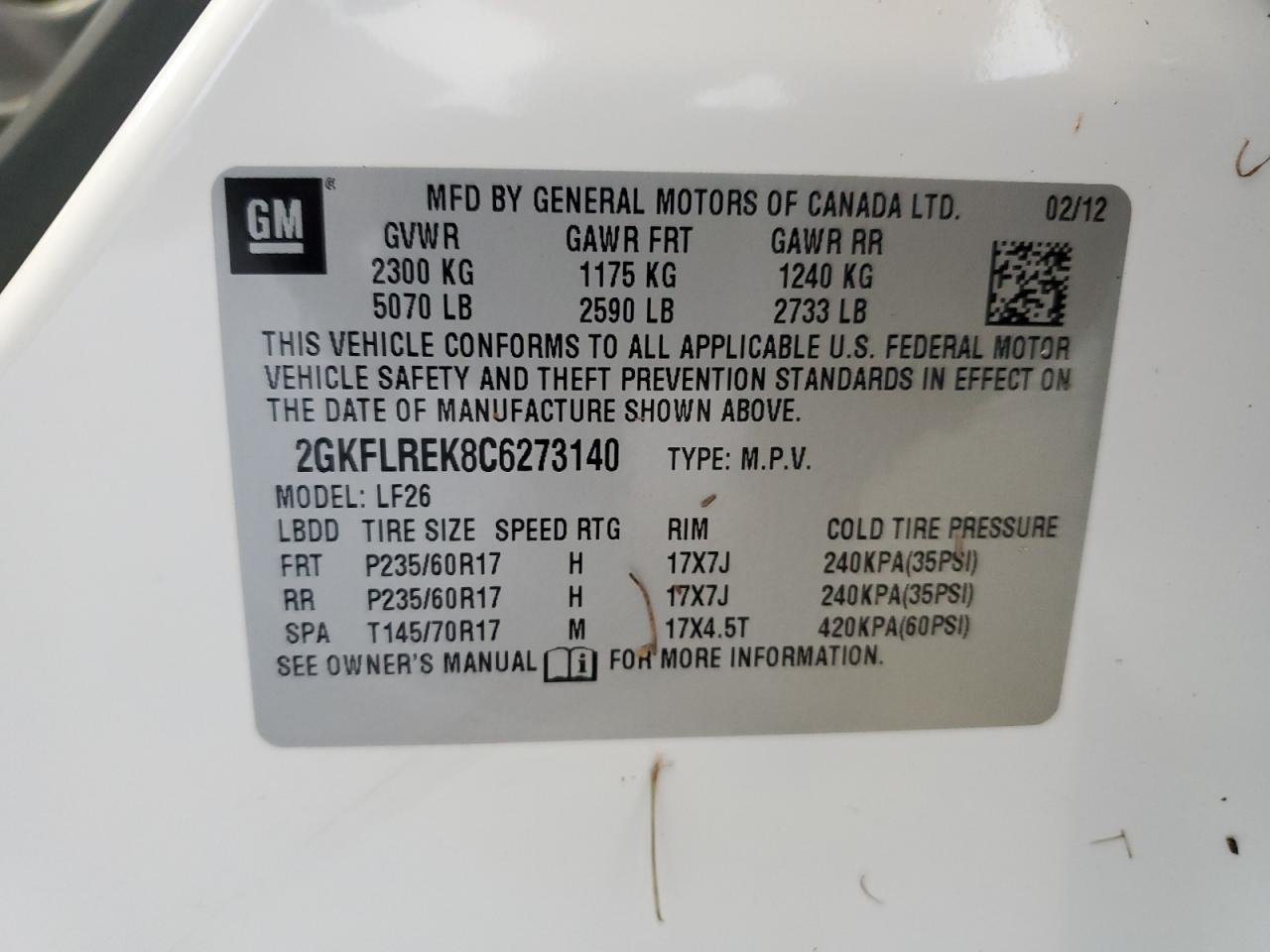 2012 GMC Terrain Sle VIN: 2GKFLREK8C6273140 Lot: 71018945