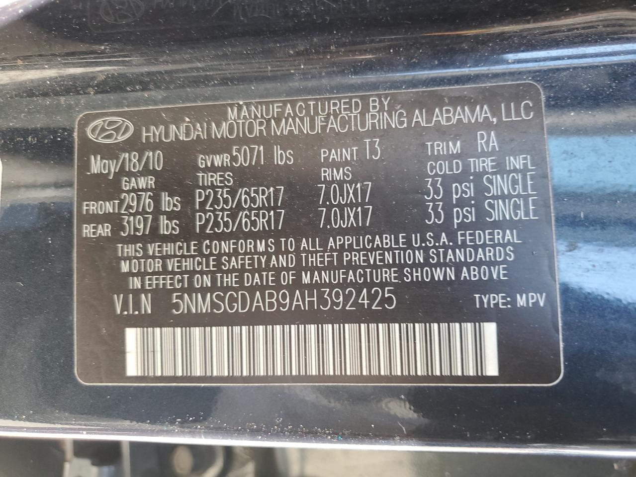 2010 Hyundai Santa Fe Gls VIN: 5NMSGDAB9AH392425 Lot: 81289305