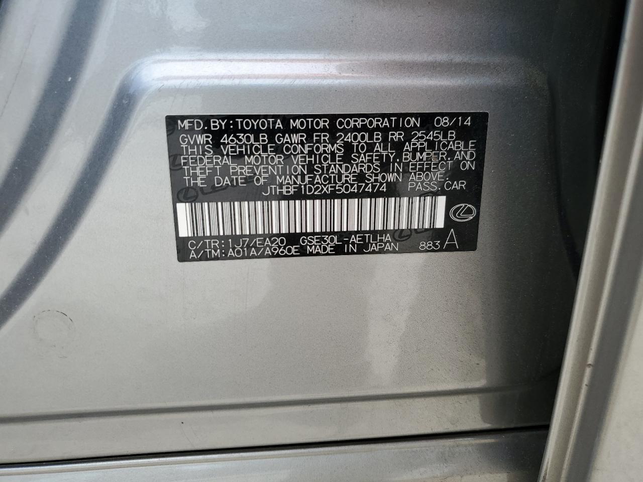 2015 Lexus Is 250 VIN: JTHBF1D2XF5047474 Lot: 81015245