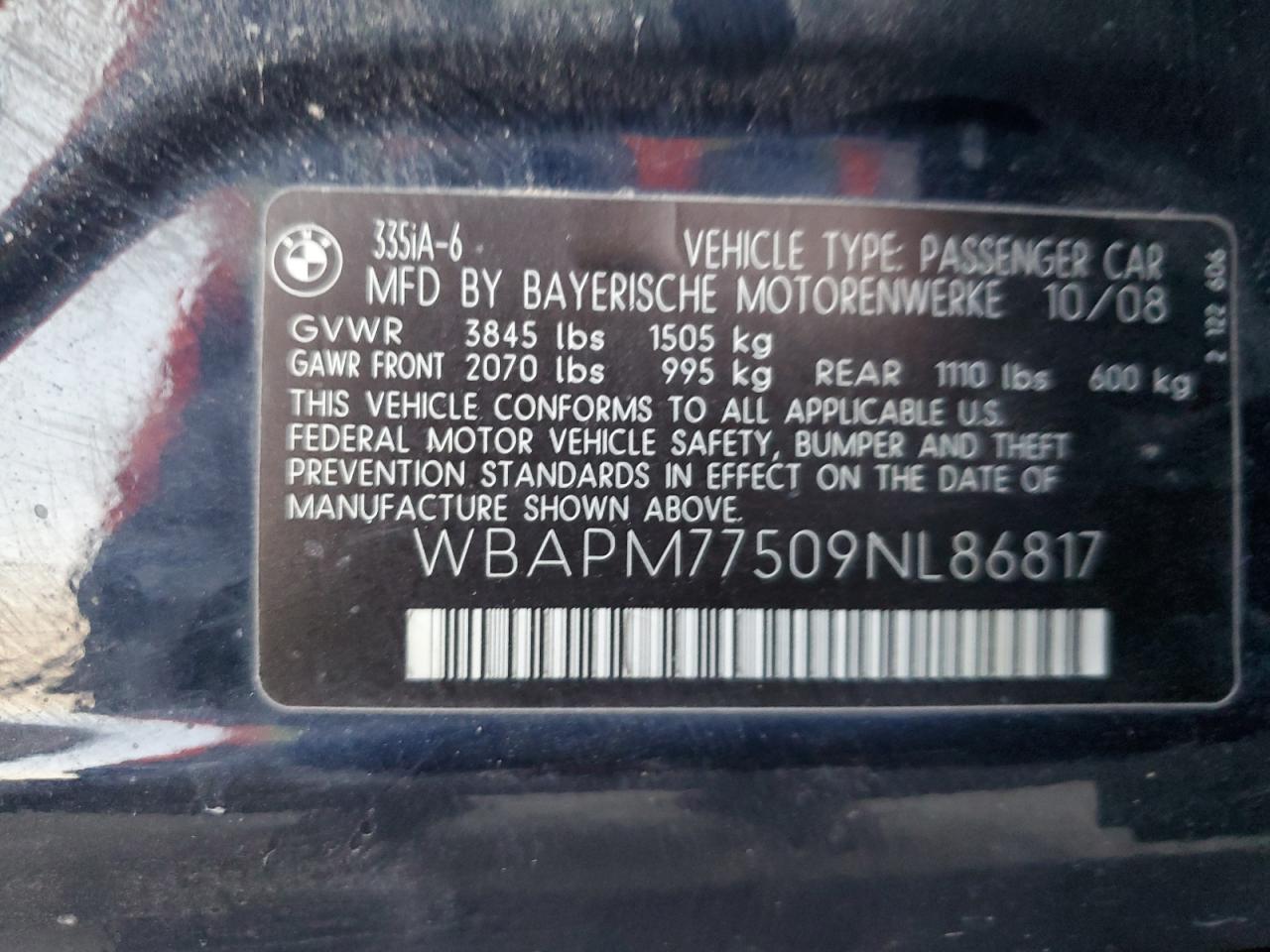 2009 BMW 335 I VIN: WBAPM77509NL86817 Lot: 80526885