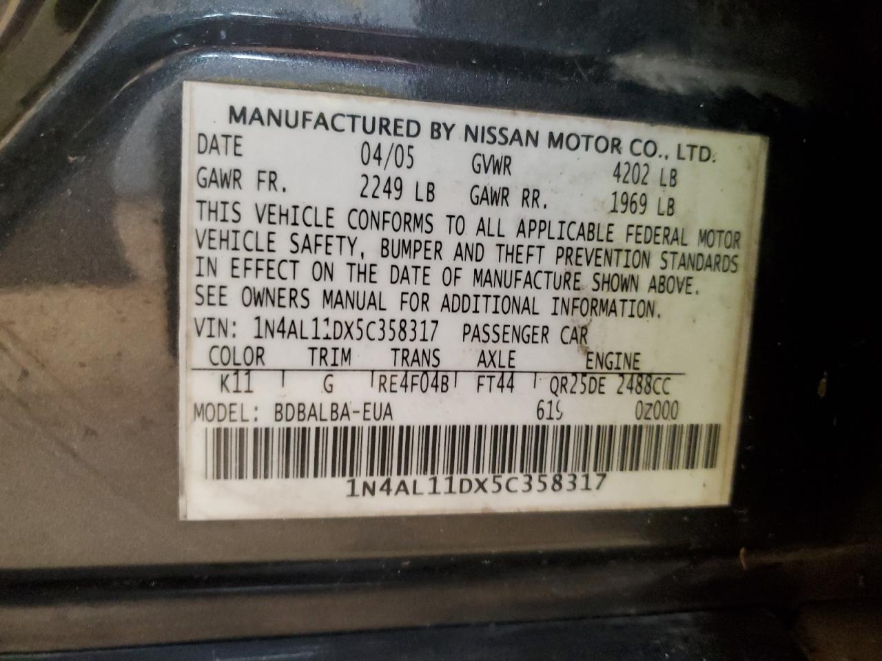 2005 Nissan Altima S VIN: 1N4AL11DX5C358317 Lot: 71997835