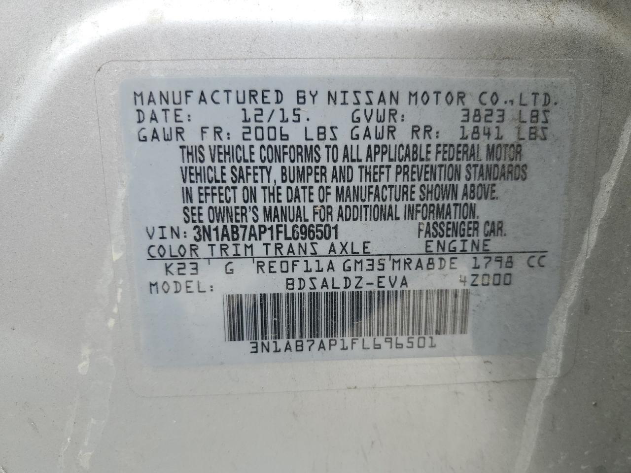 2015 Nissan Sentra S VIN: 3N1AB7AP1FL696501 Lot: 80636405