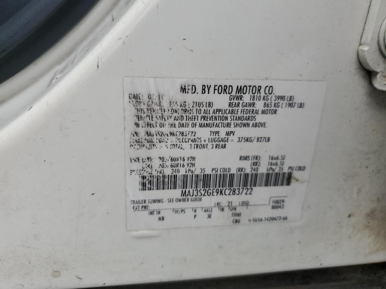 2019 Ford Ecosport Se VIN: MAJ3S2GE9KC283722 Lot: 84204695