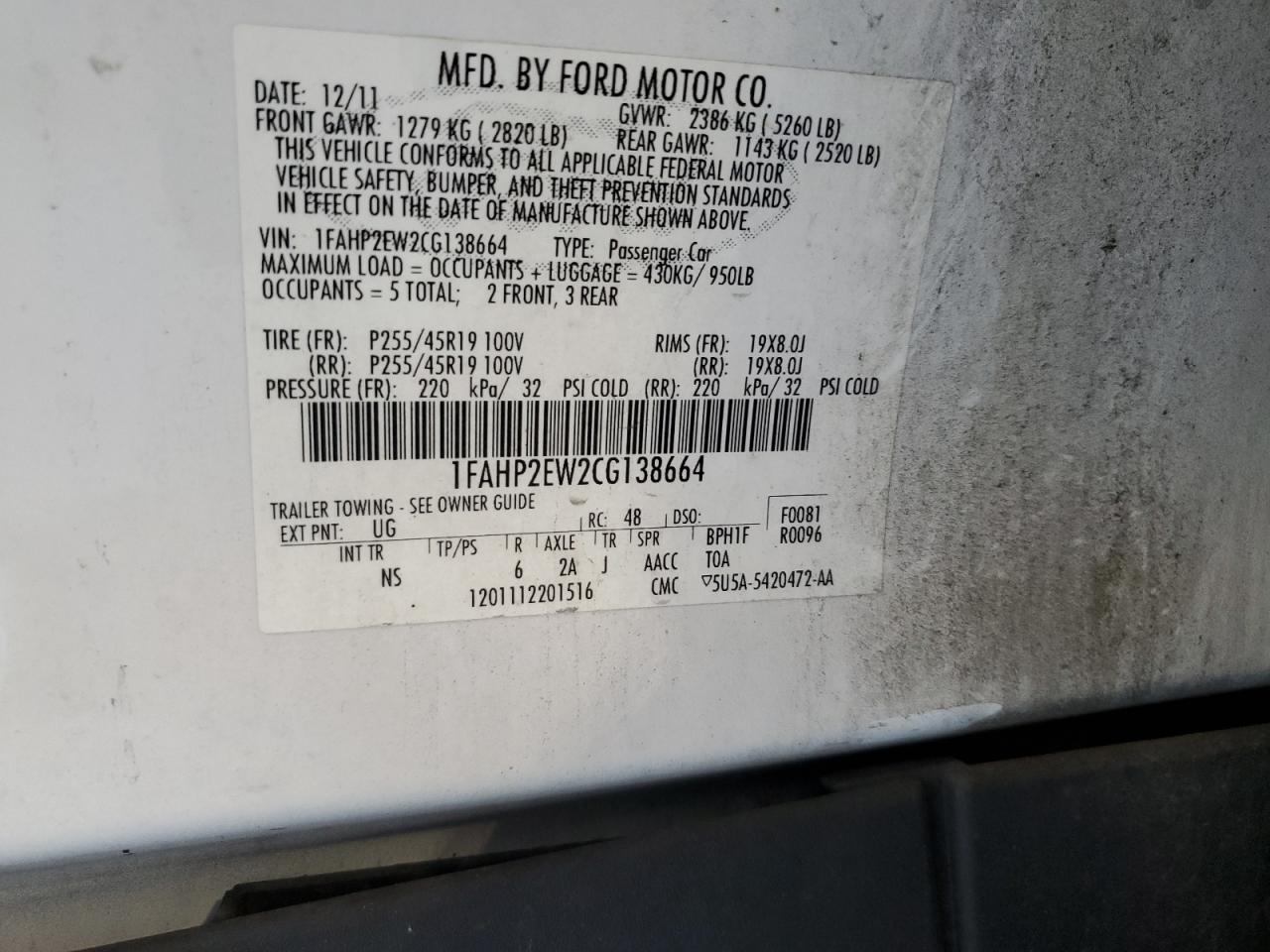 2012 Ford Taurus Sel VIN: 1FAHP2EW2CG138664 Lot: 81458065