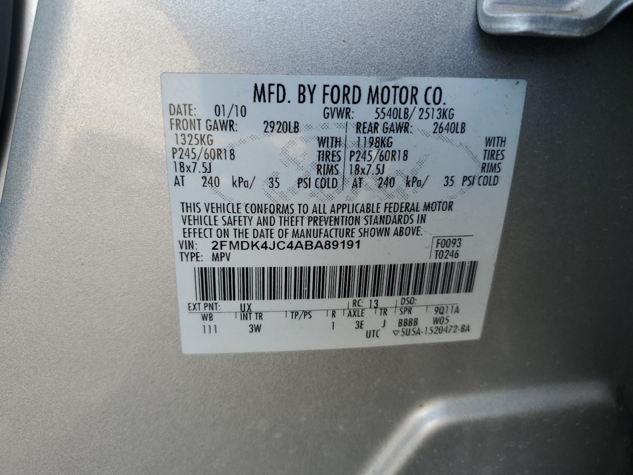 2010 Ford Edge Sel VIN: 2FMDK4JC4ABA89191 Lot: 81714715