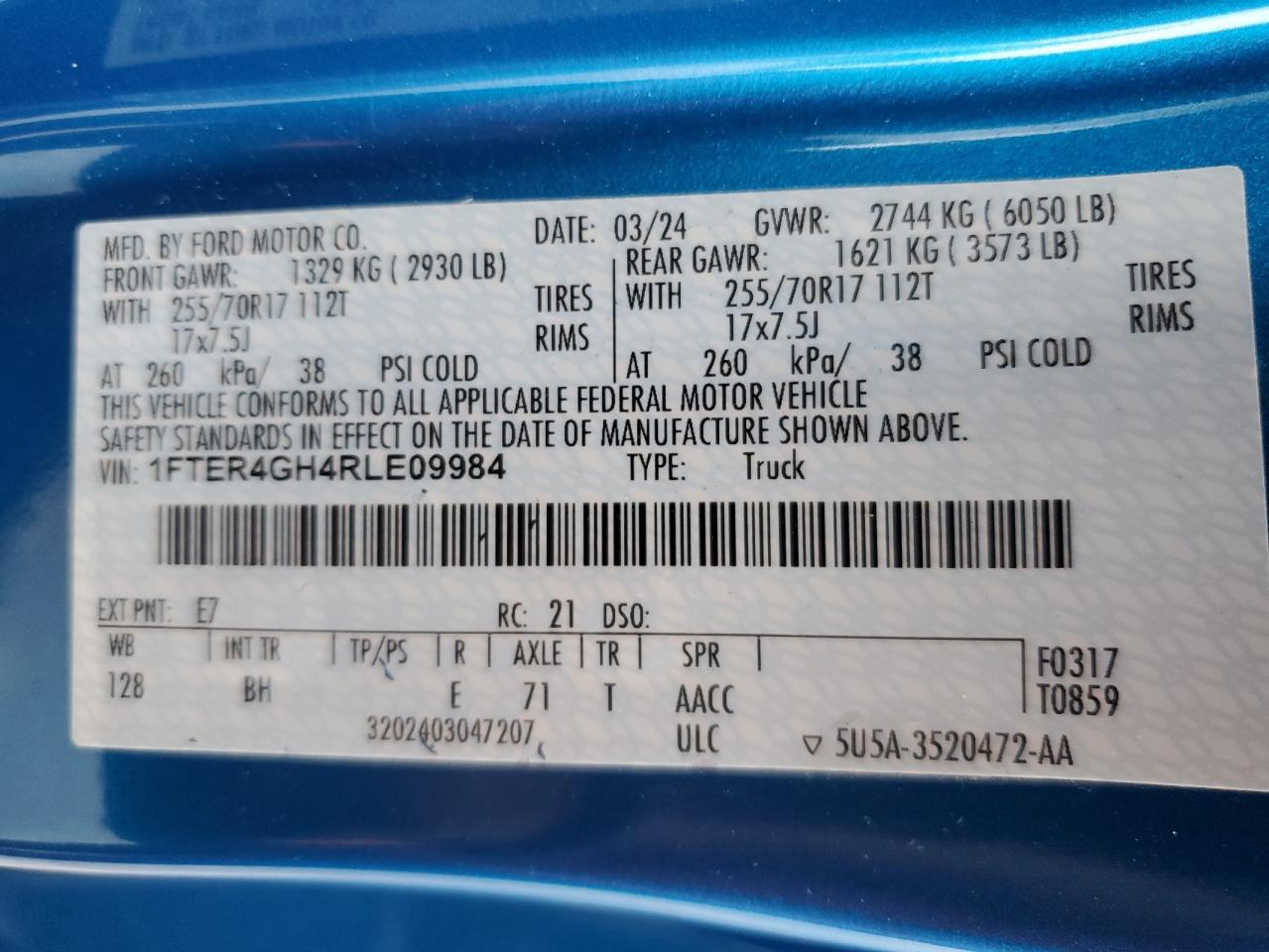 2024 Ford Ranger Xlt VIN: 1FTER4GH4RLE09984 Lot: 82035145