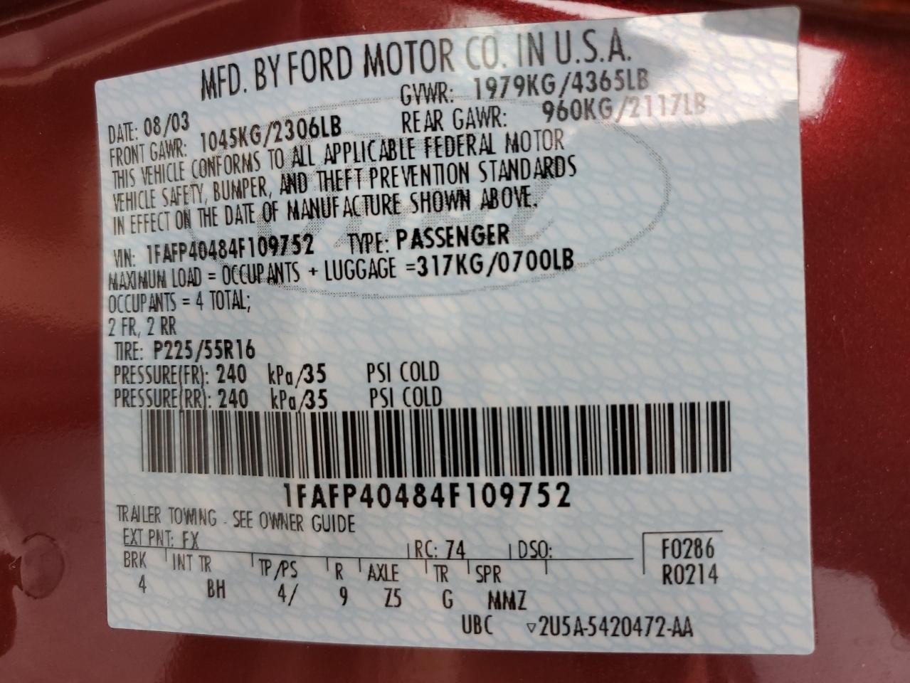 2004 Ford Mustang VIN: 1FAFP40484F109752 Lot: 84595275