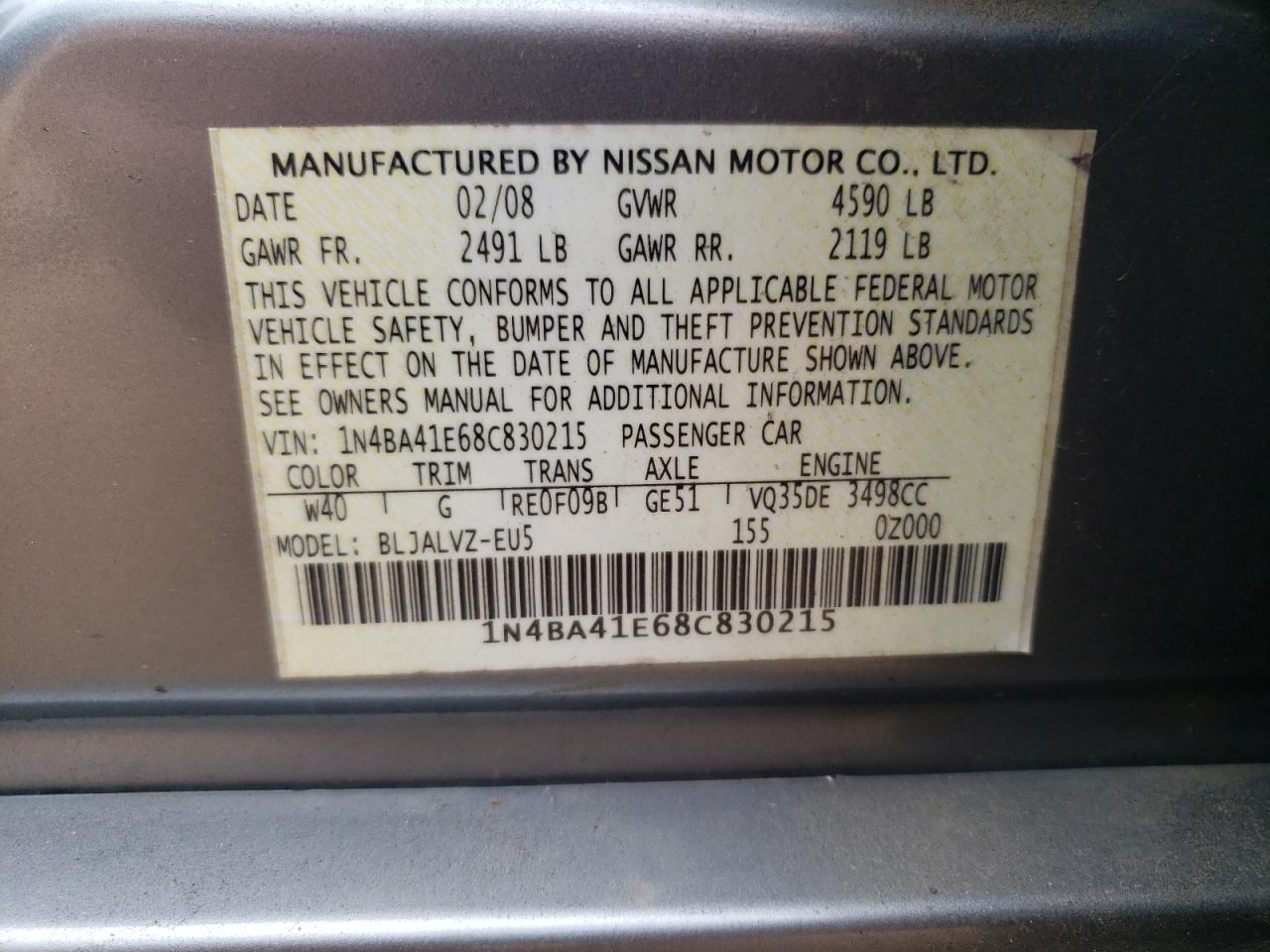 2008 Nissan Maxima Se VIN: 1N4BA41E68C830215 Lot: 81815985