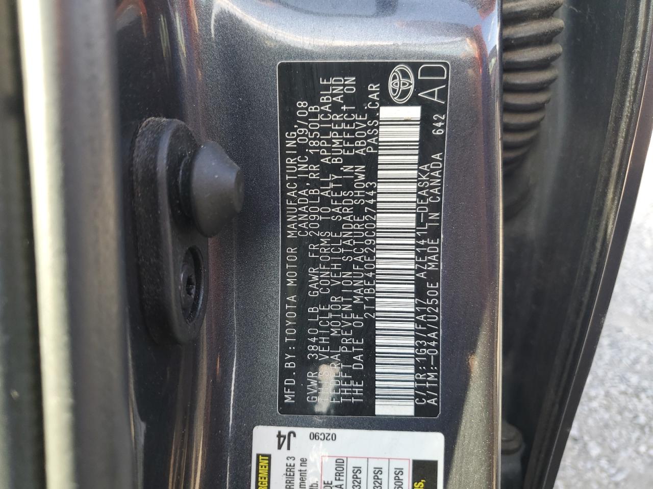 2009 Toyota Corolla Xrs VIN: 2T1BE40E29C027443 Lot: 80664865