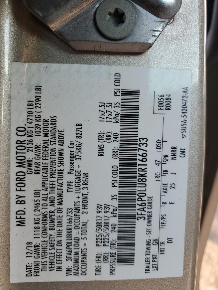 2019 Ford Fusion Se VIN: 3FA6P0LU8KR166733 Lot: 80105635