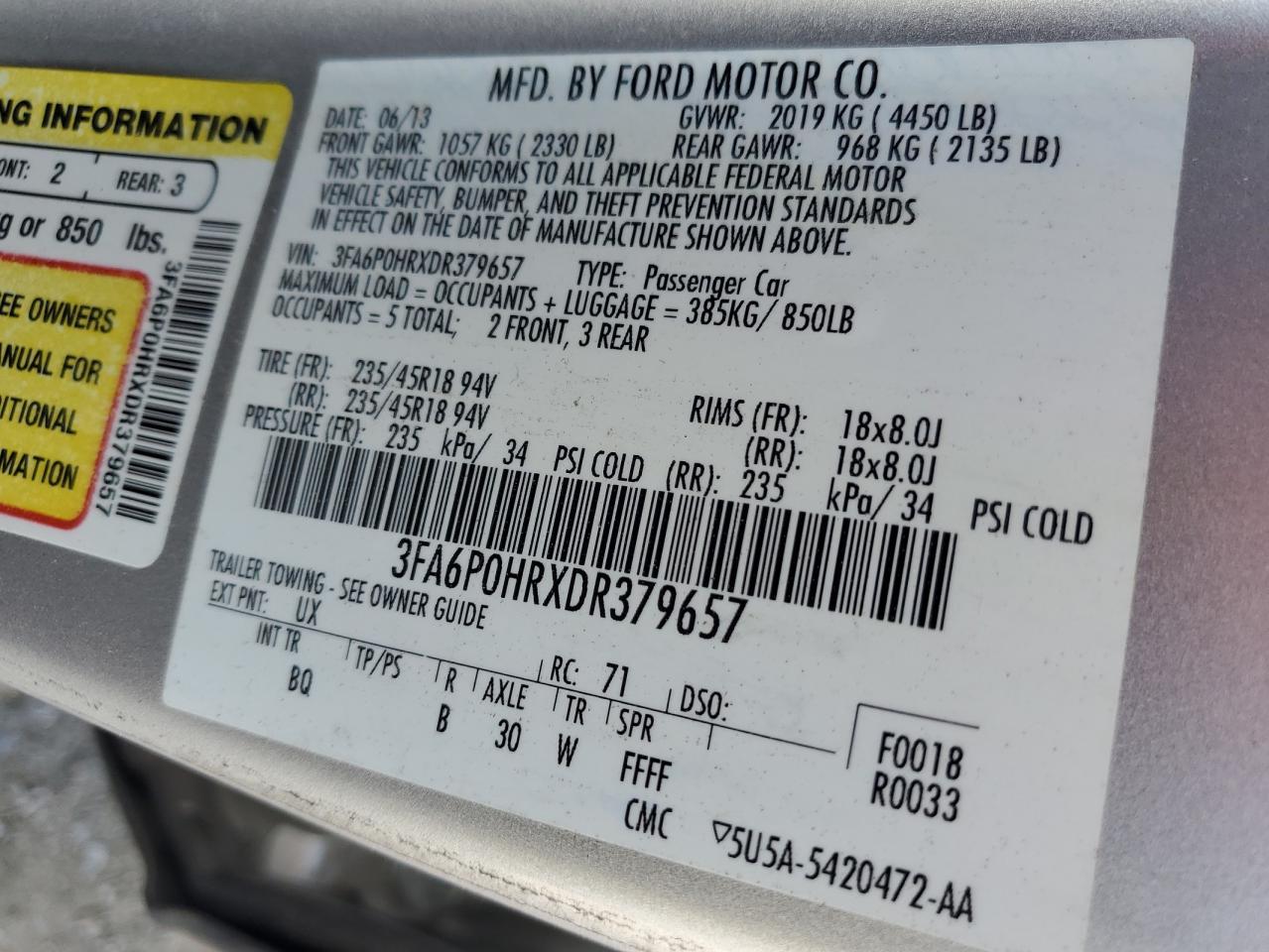 2013 Ford Fusion Se VIN: 3FA6P0HRXDR379657 Lot: 71906715