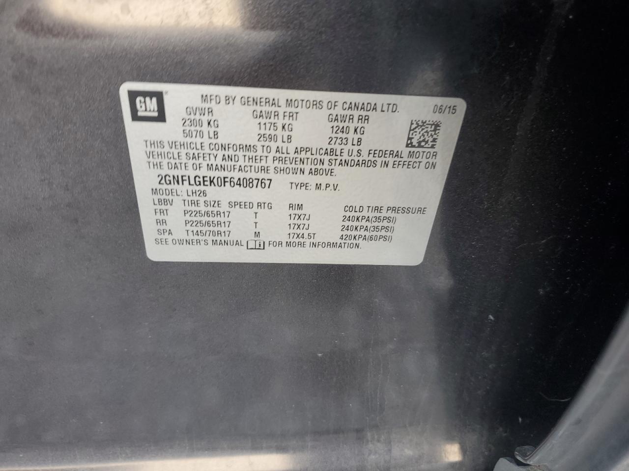 2015 Chevrolet Equinox Lt VIN: 2GNFLGEK0F6408767 Lot: 71903945