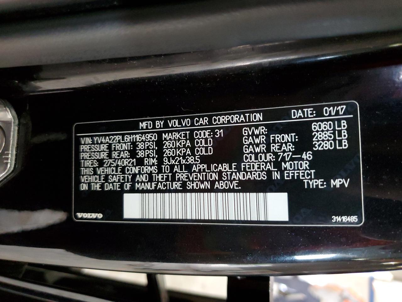 2017 Volvo Xc90 T6 VIN: YV4A22PL6H1164950 Lot: 82066065