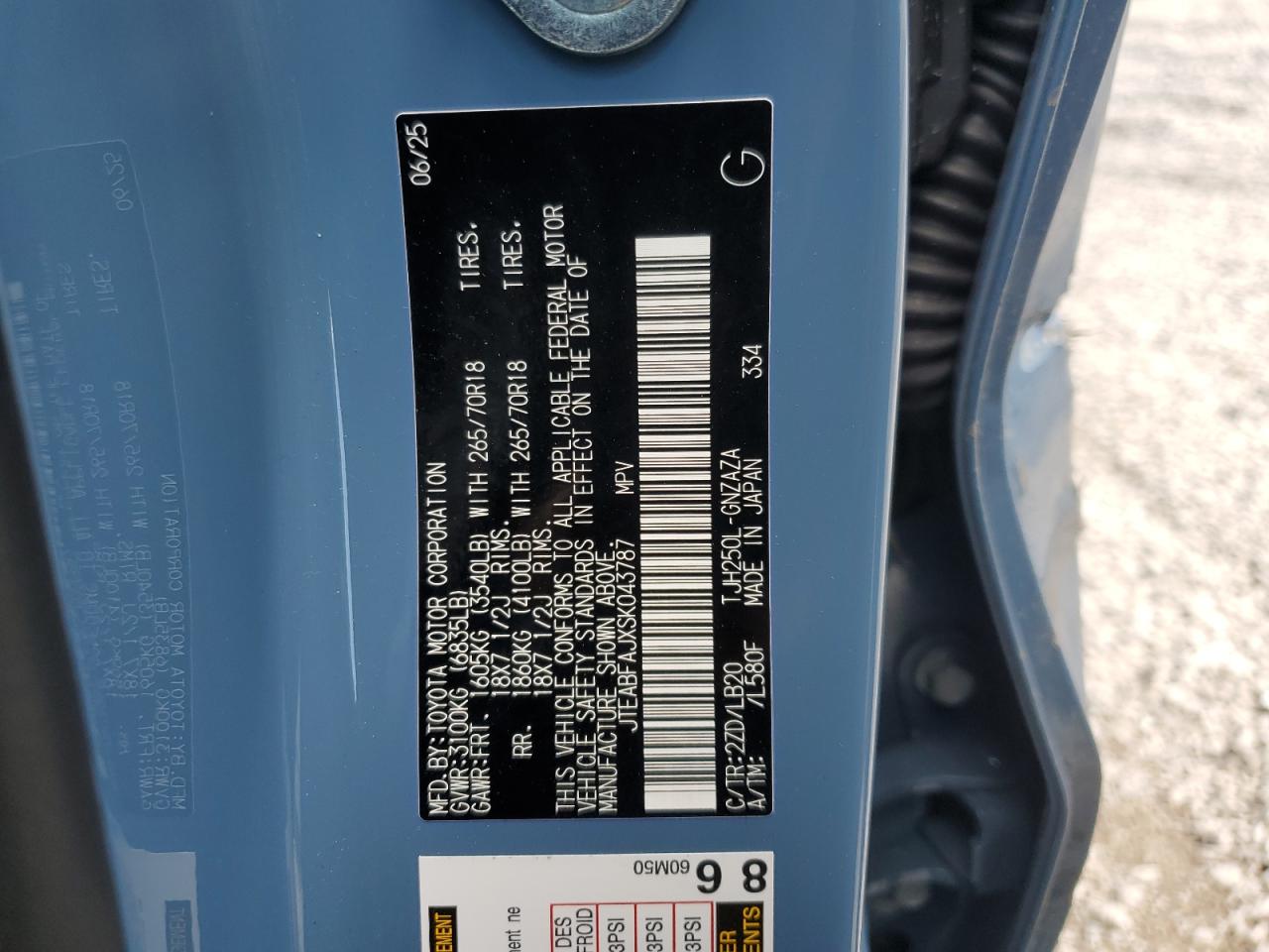 2025 Toyota Land Cruiser Base VIN: JTEABFAJXSK043787 Lot: 71634025