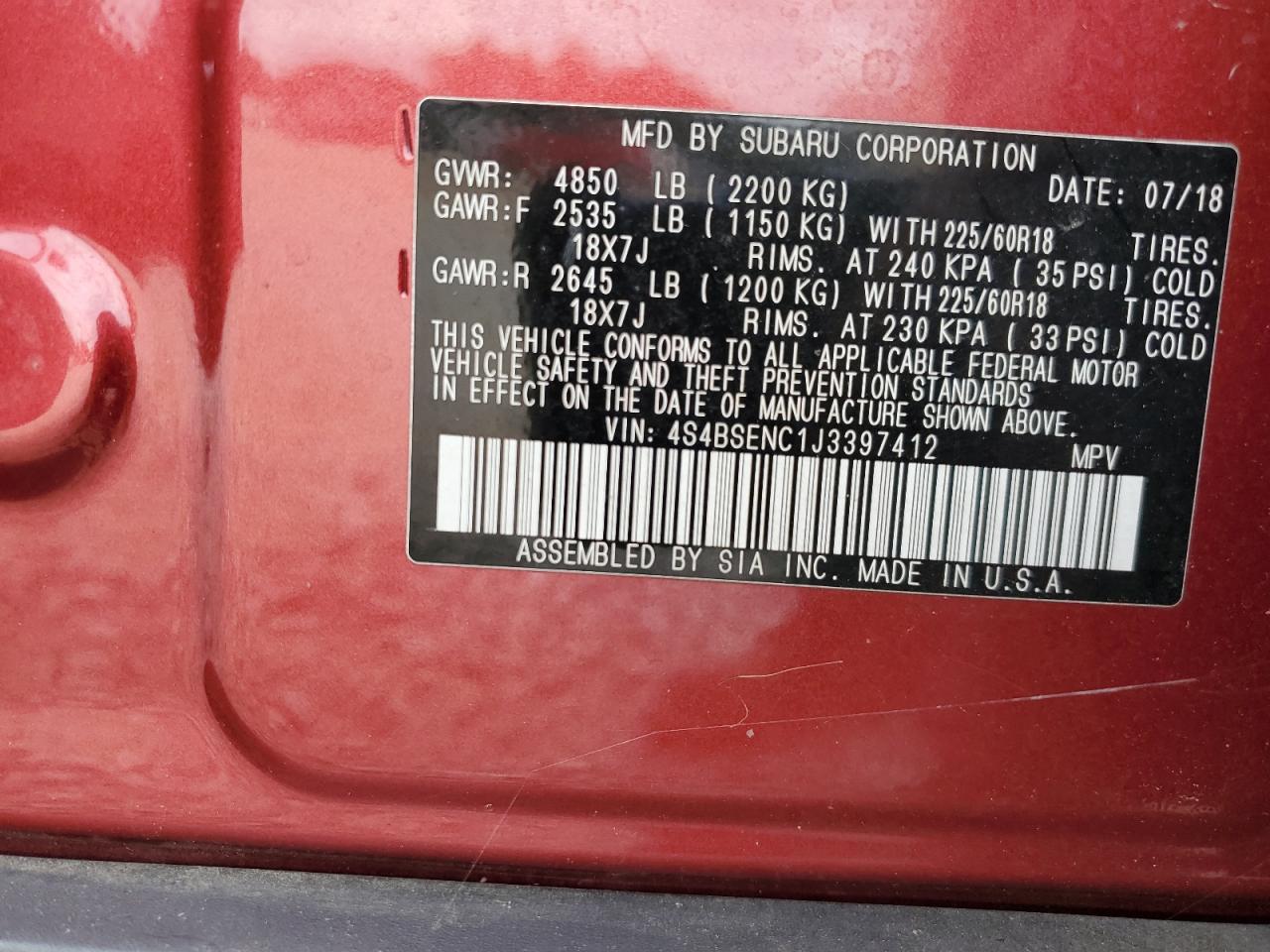 2018 Subaru Outback 3.6R Limited VIN: 4S4BSENC1J3397412 Lot: 83925855