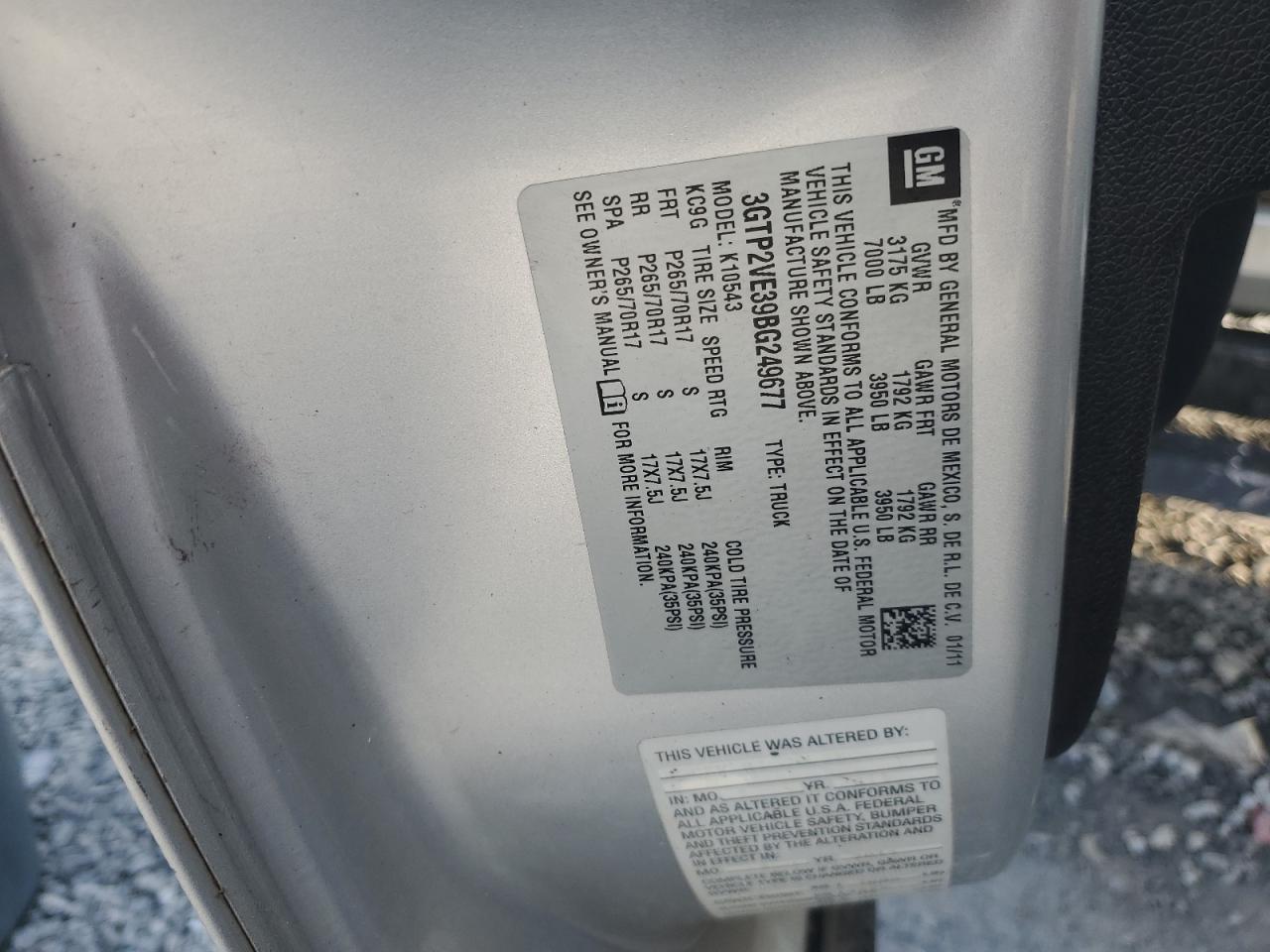 2011 GMC Sierra K1500 Sle VIN: 3GTP2VE39BG249677 Lot: 71597015