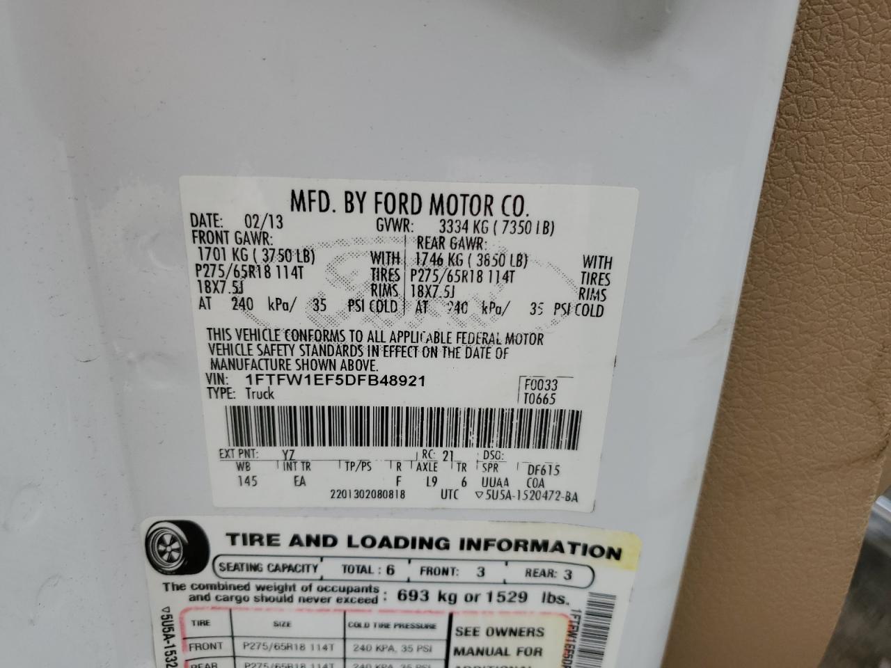 2013 Ford F150 Supercrew VIN: 1FTFW1EF5DFB48921 Lot: 80266335