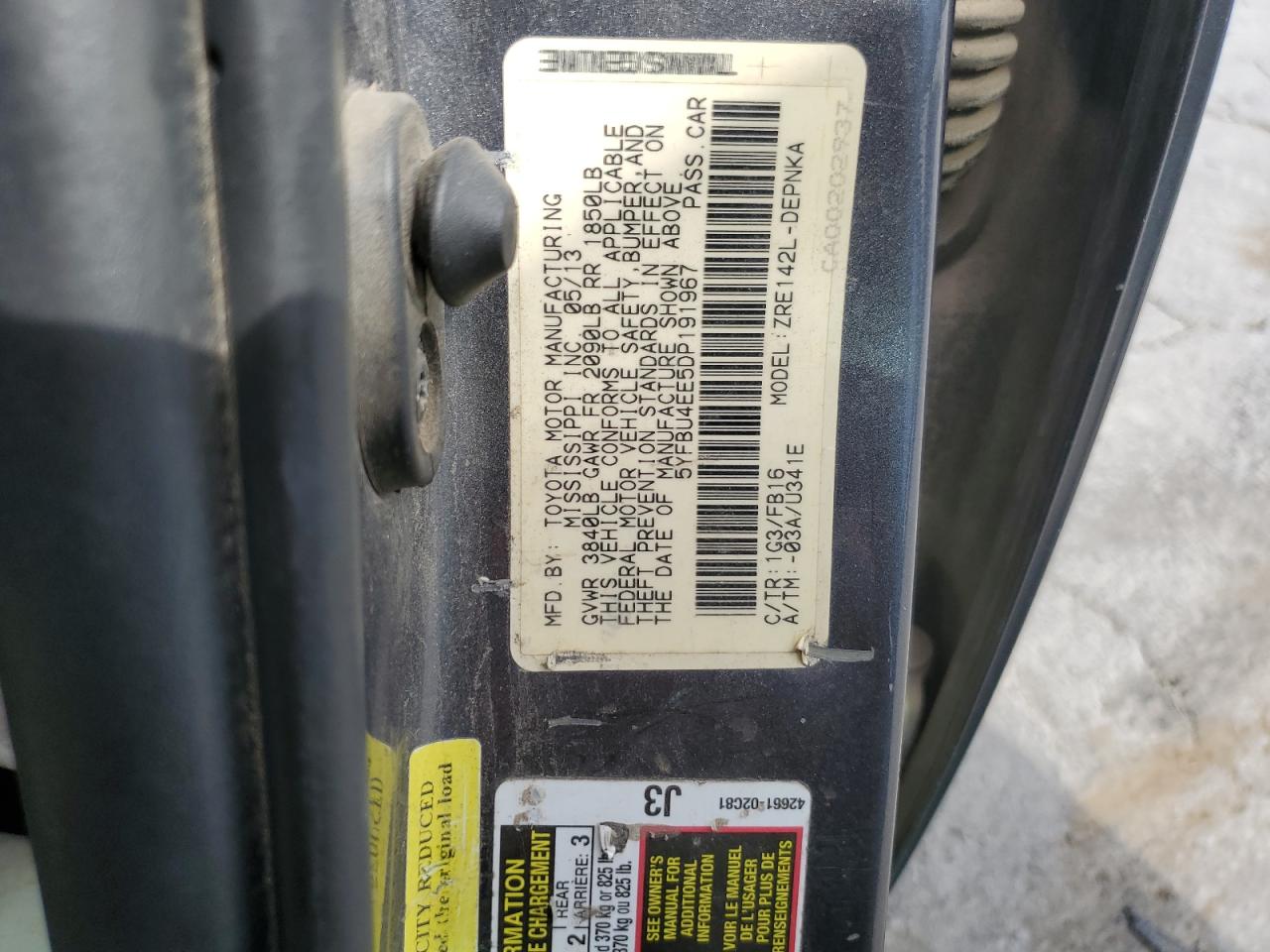 2013 Toyota Corolla Base VIN: 5YFBU4EE5DP191967 Lot: 84780065