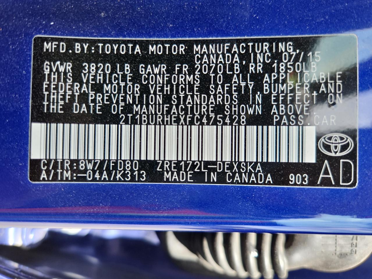 2015 Toyota Corolla L VIN: 2T1BURHEXFC475428 Lot: 81088325