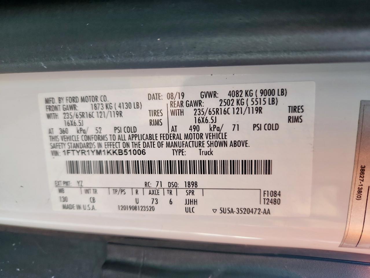 2019 Ford Transit T-250 VIN: 1FTYR1YM1KKB51006 Lot: 72020465