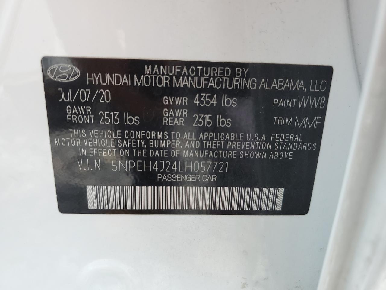 2020 Hyundai Sonata Limited VIN: 5NPEH4J24LH057721 Lot: 71498235