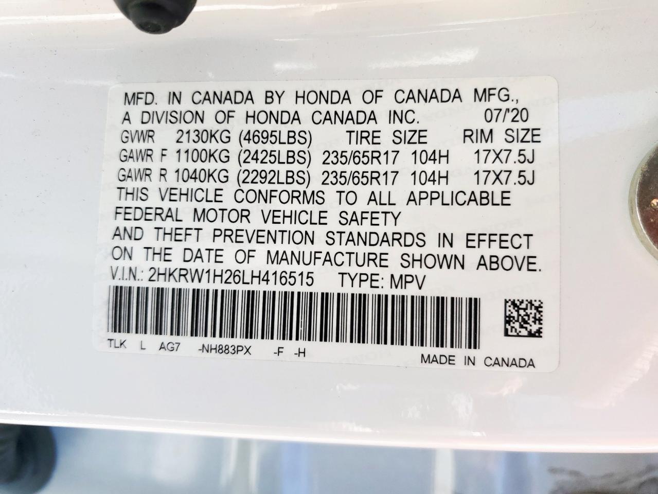 2020 Honda Cr-V Lx VIN: 2HKRW1H26LH416515 Lot: 81889165