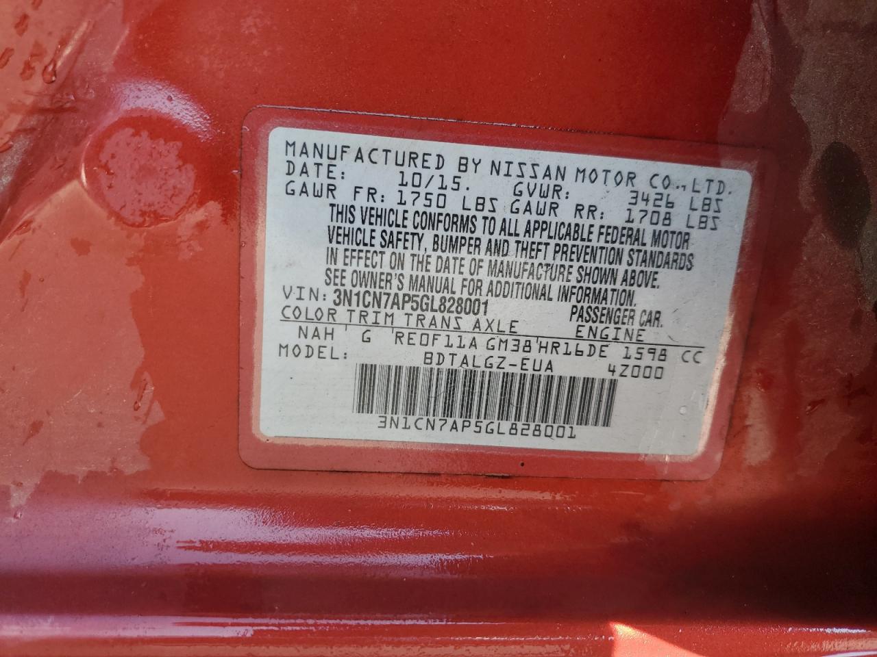 2016 Nissan Versa S VIN: 3N1CN7AP5GL828001 Lot: 81148335