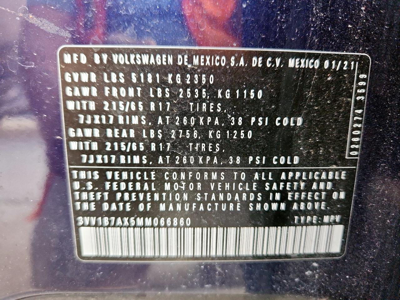 2021 Volkswagen Tiguan S VIN: 3VV1B7AX5MM066860 Lot: 80743965