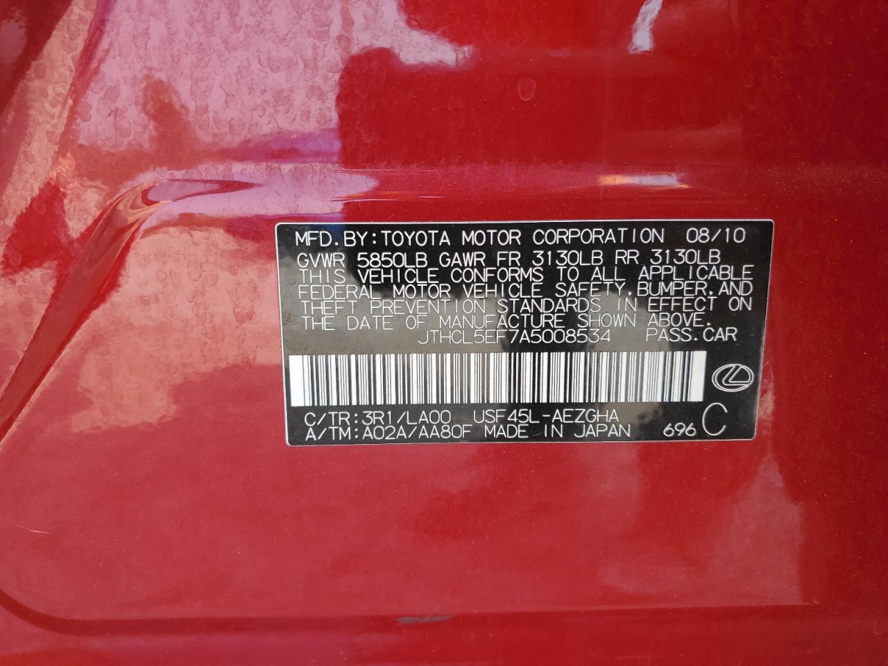 2010 Lexus Ls 460 VIN: JTHCL5EF7A5008534 Lot: 71526295