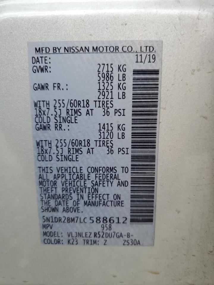 2020 Nissan Pathfinder Sv VIN: 5N1DR2BM7LC588612 Lot: 83972995