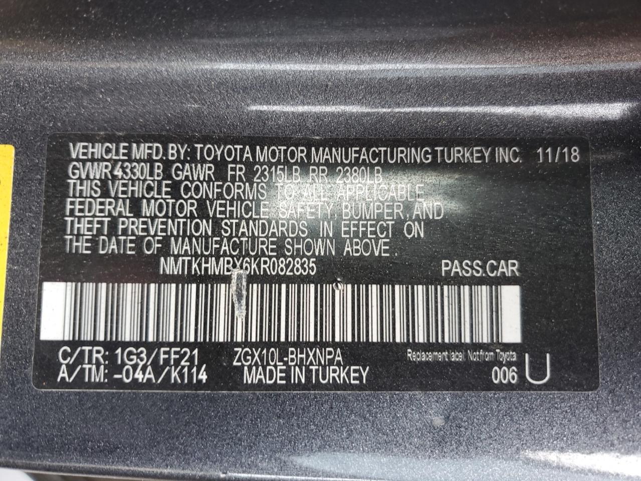 2019 Toyota C-Hr Xle VIN: NMTKHMBX6KR082835 Lot: 80854185