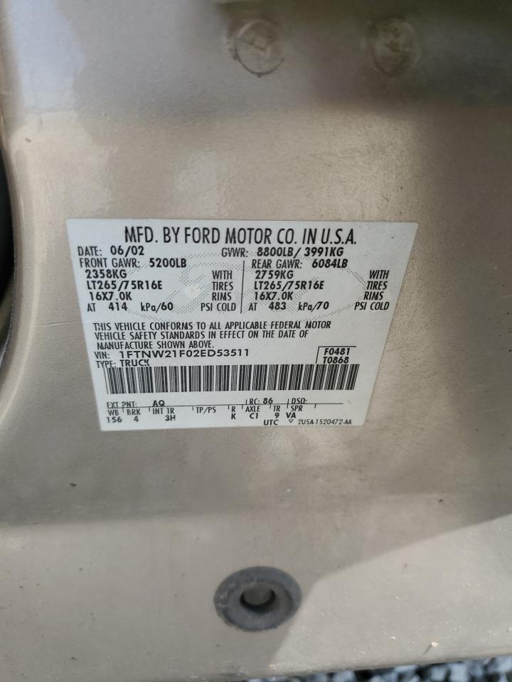 2002 Ford F250 Super Duty VIN: 1FTNW21F02ED53511 Lot: 70938885