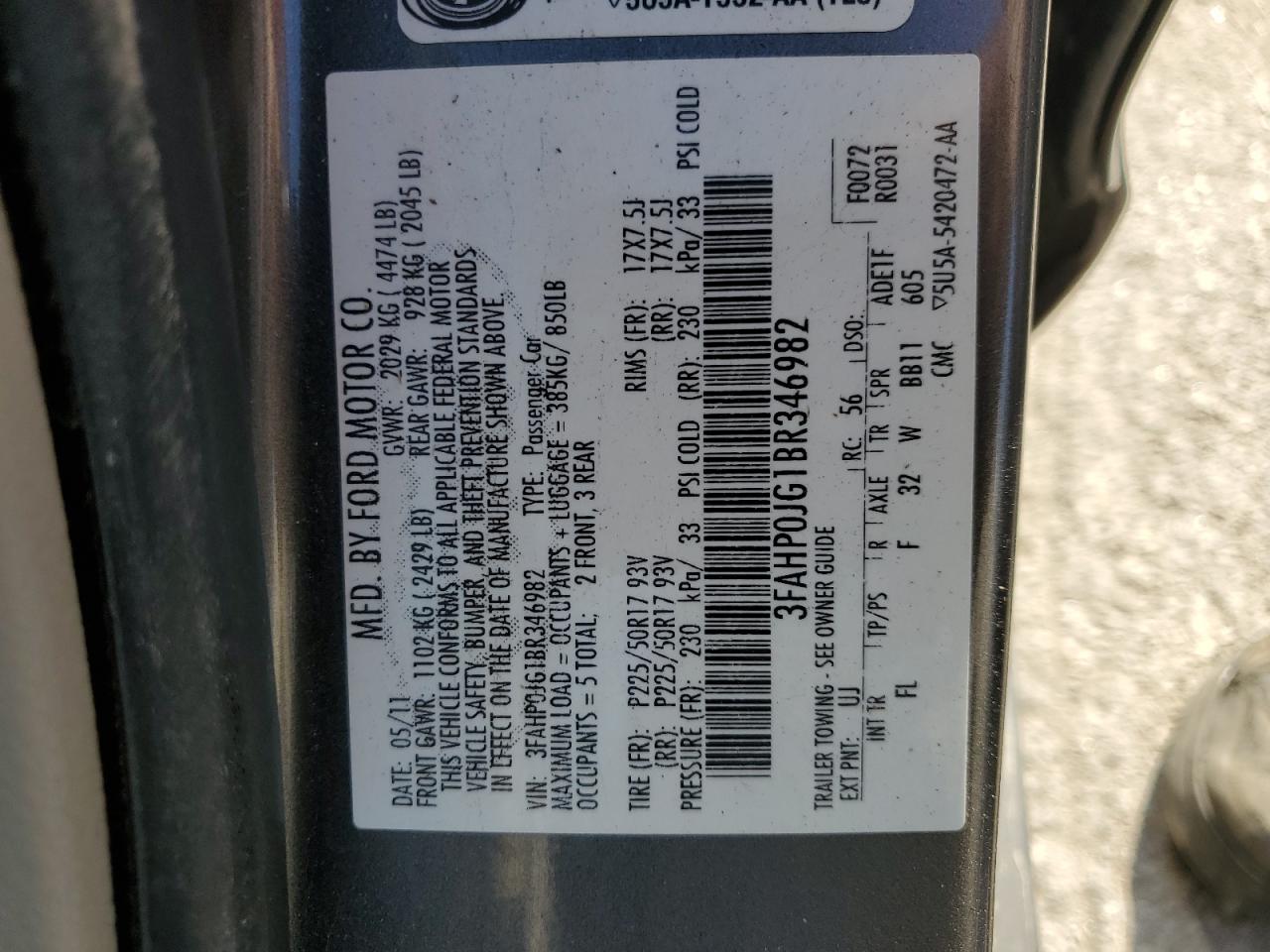 2011 Ford Fusion Sel VIN: 3FAHP0JG1BR346982 Lot: 80399645
