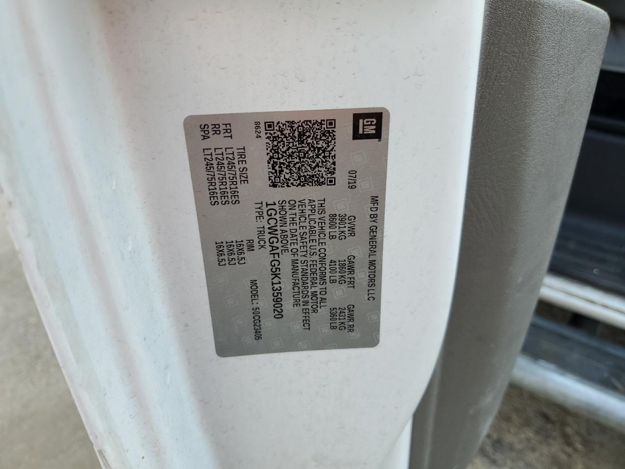 2019 Chevrolet Express G2500 VIN: 1GCWGAFG5K1359020 Lot: 93088625