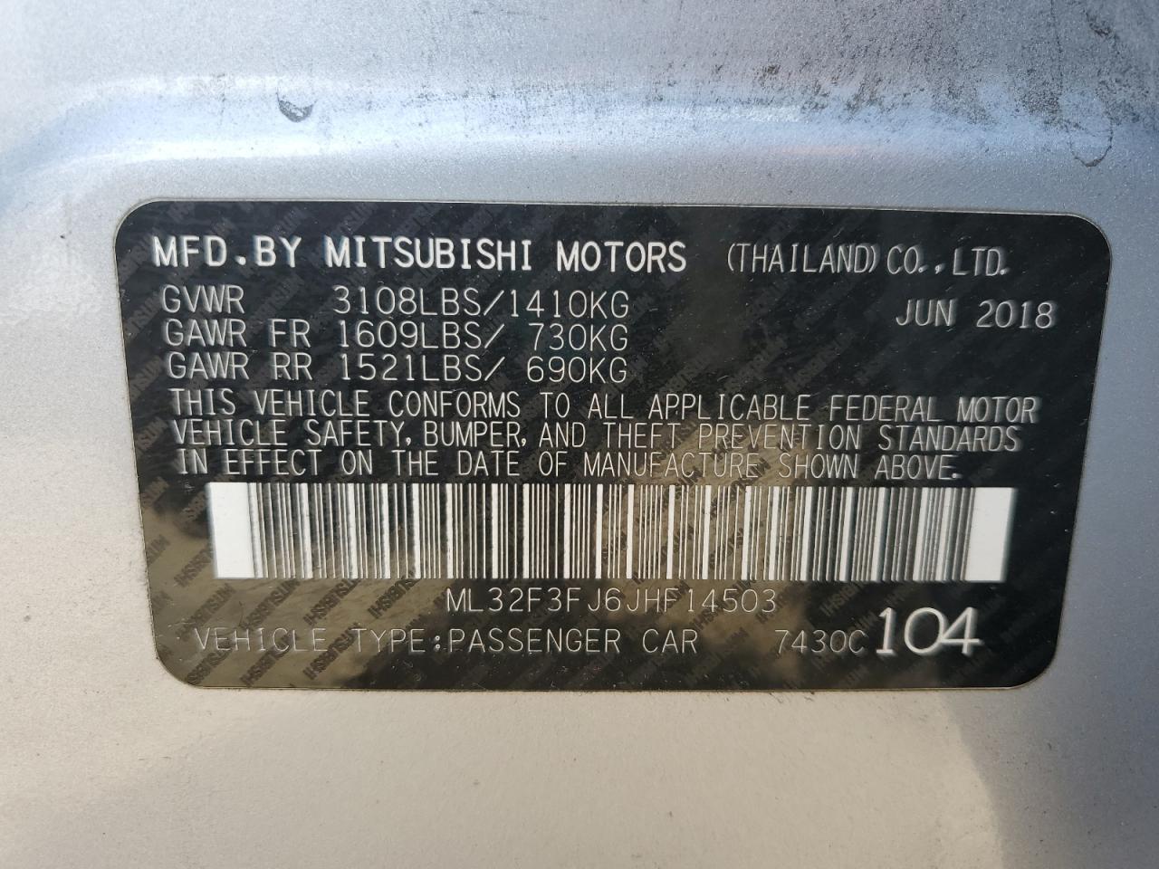 2018 Mitsubishi Mirage G4 Es VIN: ML32F3FJ6JHF14503 Lot: 70613605