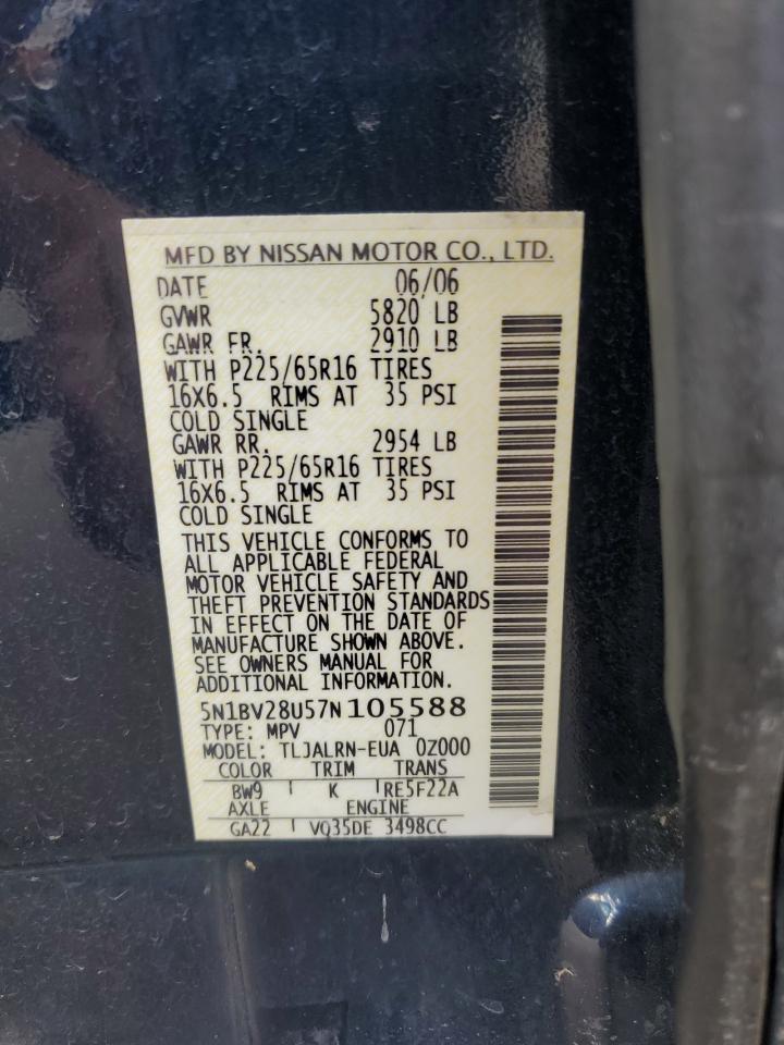 2007 Nissan Quest S VIN: 5N1BV28U57N105588 Lot: 84267035